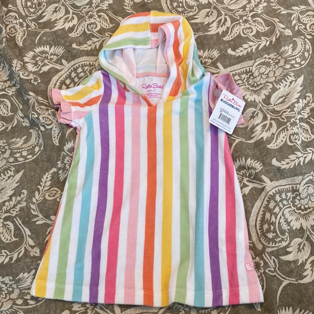 NWT Ruffle Butts Rainbow Stripe Terry Cover Up. 2T